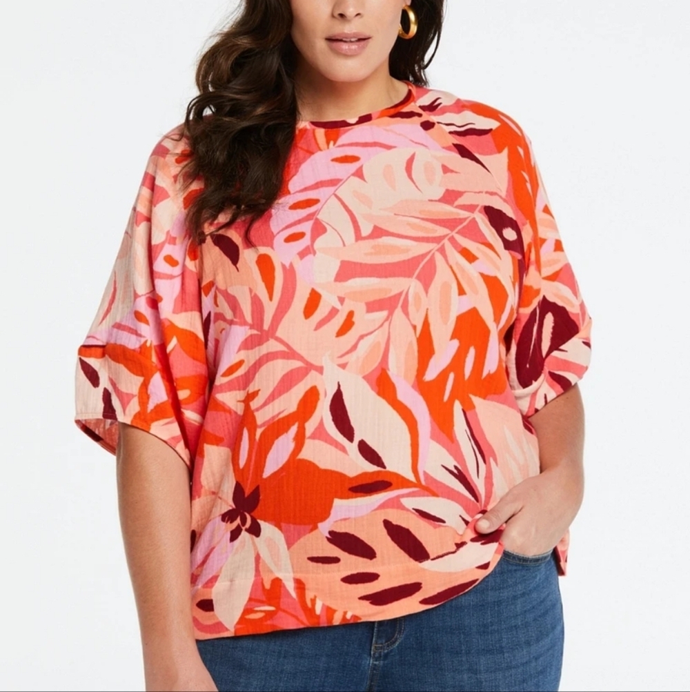 Ella Rafaella Women's Cotton Tie Back Lantern Sleeve Top Size 2X NEW Tropical